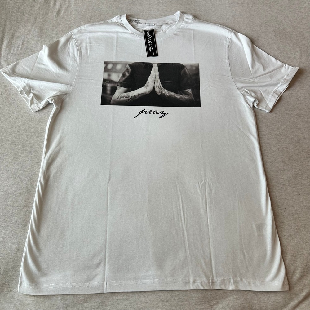 Mister Tee Mens White‎ Pray Tattoo Hands Graphic T-Shirt XL BY001US New